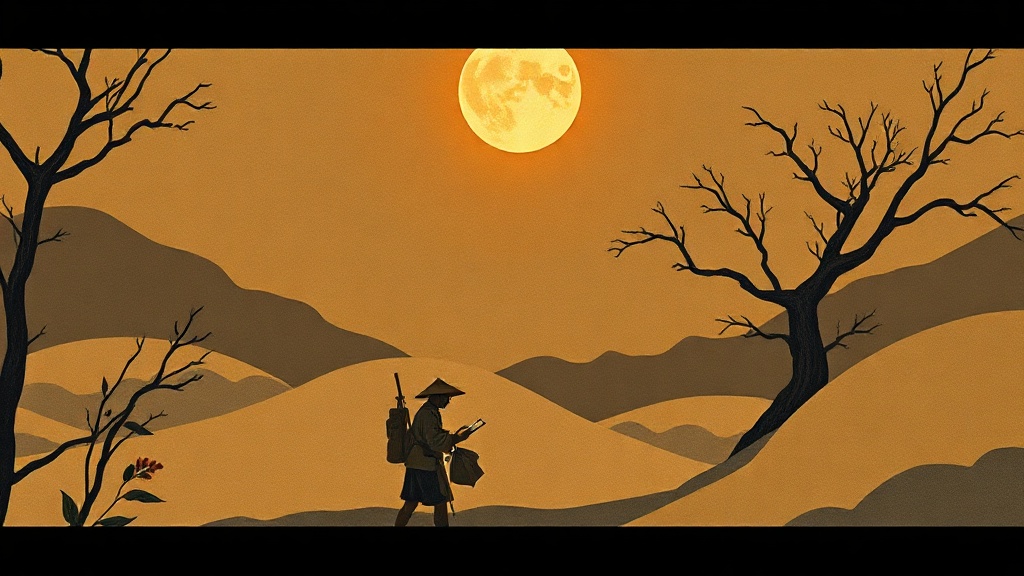 A cartographer in a dim study leans over a parchment map with a compass and quill, smaller maps with red X's on the wall behind.