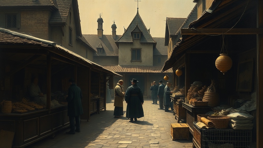 A medieval marketplace with a merchant holding a clay tablet as the crowd turns toward a blacksmith forging a metal gear, sparks flying from the anvil.