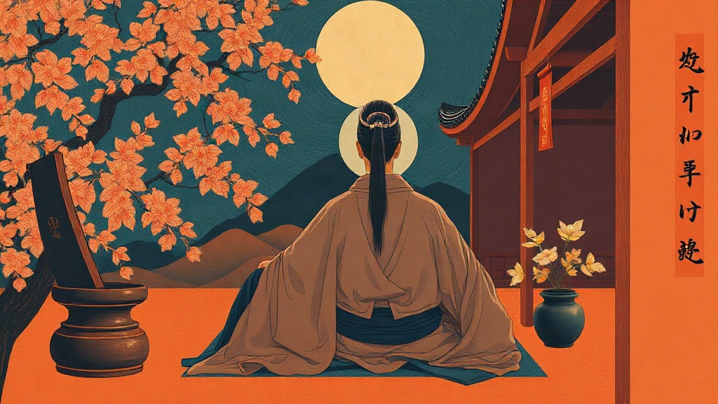 A medieval Japanese court official in a silk robe stands before a cracked stone wall glowing with golden light, holding a scroll with the character for yield.