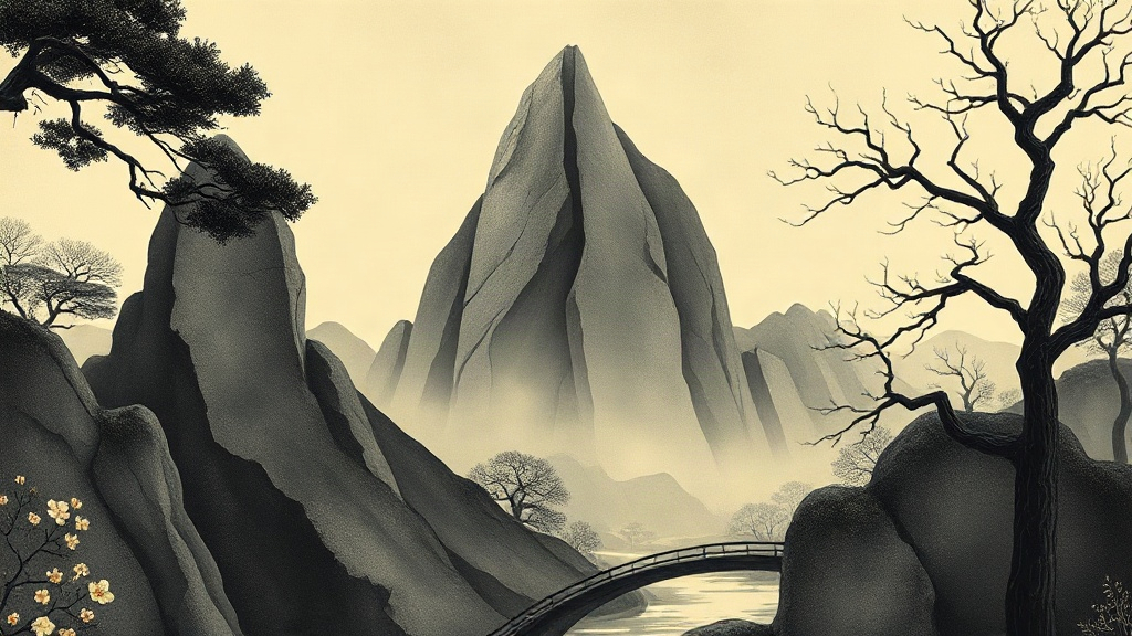 Merchants on a crumbling stone bridge turn back with empty chests as a storm brews over a distant city on the far side of the chasm.