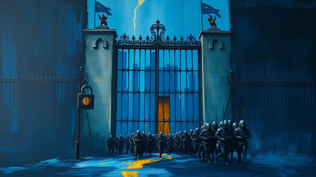 Soldiers march single-file through a small, new wooden door in a stone wall, bypassing a towering locked iron gate with a massive padlock.