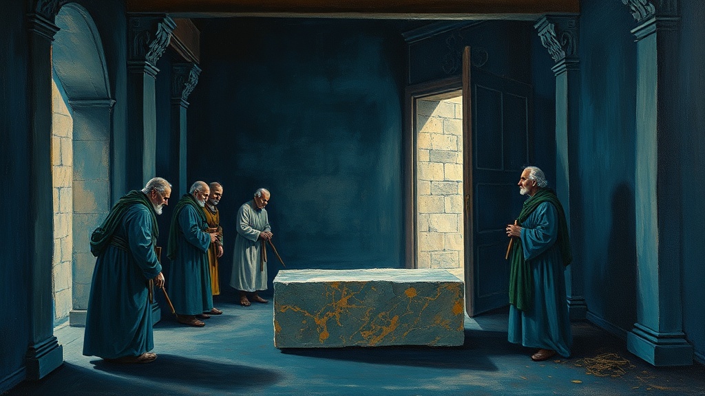 Old master stone carvers in a guild hall argue over a granite block while outside, unadorned workers effortlessly build an identical wall with pre-cut blocks.