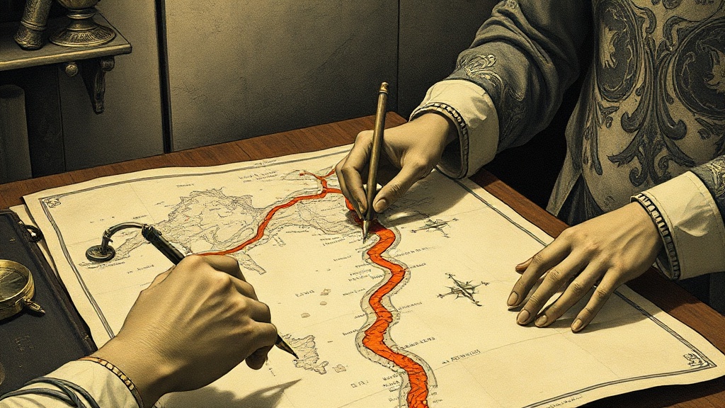 A cartographer in a stone archive draws a bold red river route onto an old map, bypassing the traditional winding path shown by a discarded compass.