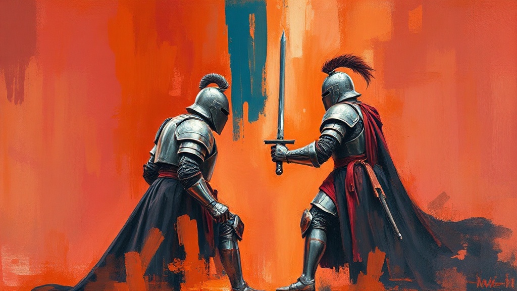 A stone knight and a polished metal knight face off over a chessboard on a cliff edge, with a storm brewing on the horizon.