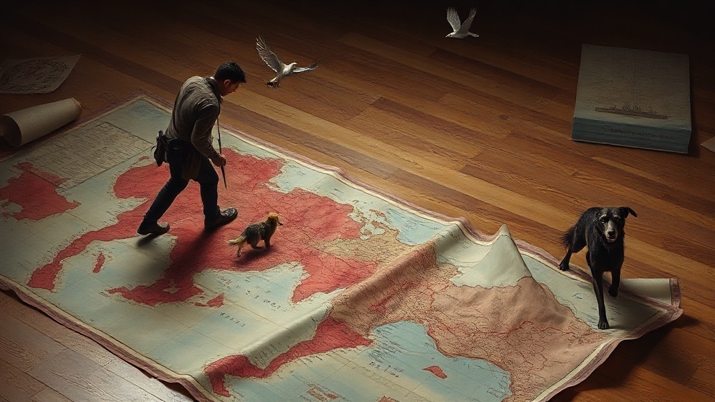 A cartographer kneels on a wooden floor over a large unrolled map, rapidly sketching new coastlines and river routes. A fox, a swift, and a dog deliver messages, while distant cargo ships in a painting change course to follow the fresh paths.