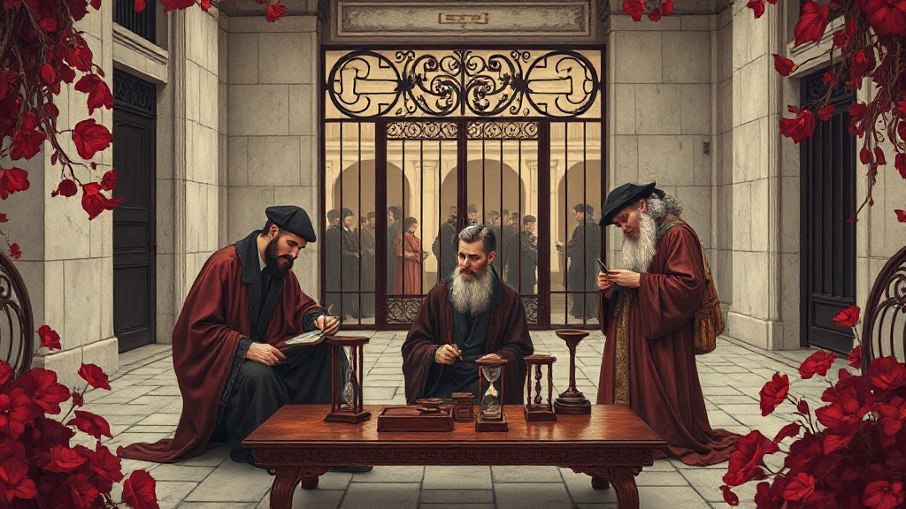 Three scholars in a stone courtyard study identical wooden puzzles on a low table, each holding a different instrument: scales, a compass, and an hourglass. A crowd peers through an iron gate behind them.