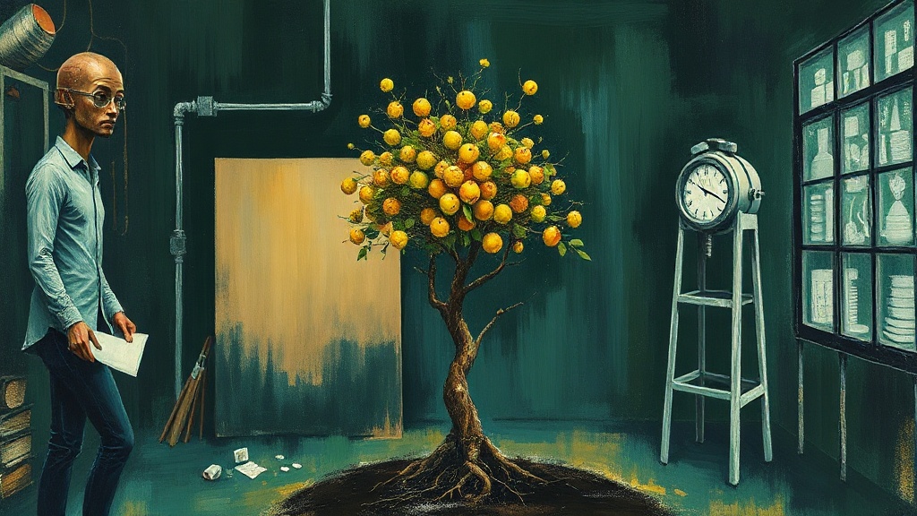 Two alchemists work in adjacent workshops: one uses a sealed alembic and diagrams to replicate a golden tree from a blueprint; the other grafts a living sapling into soil inside a greenhouse, a single golden fruit visible.