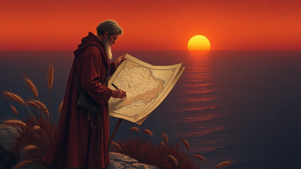 A cartographer on a rocky promontory at twilight sketches detailed wheat stalks at various stages of blight on parchment, while the sea behind him fades into impenetrable black ink.