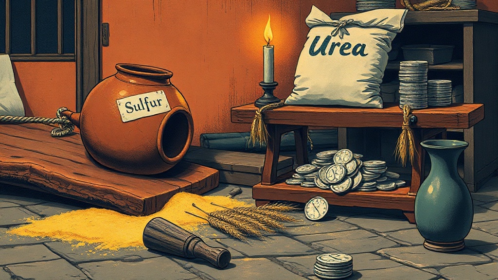 Spilled yellow sulfur powder spreads across a stone floor near a cracked clay vessel. On a wooden table, unbalanced scales show wheat outweighing sinking silver coins, with a frayed rope holding a sack of urea above.