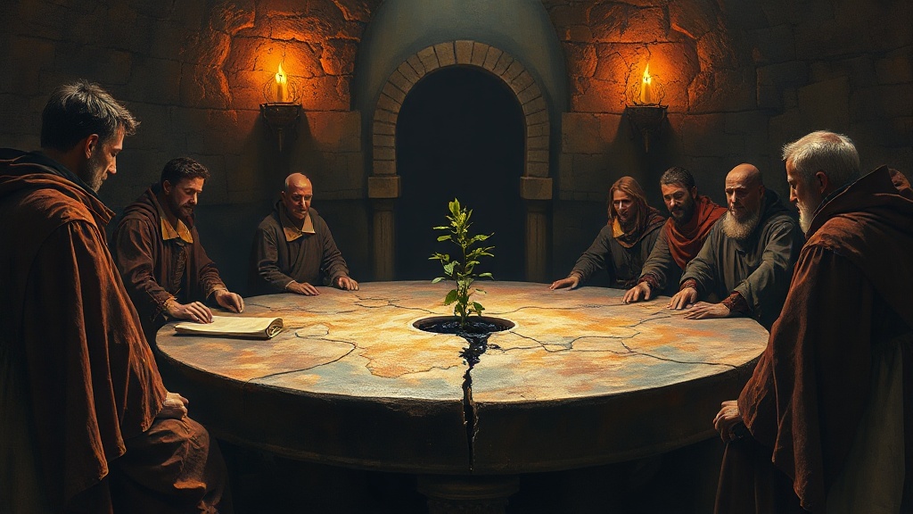Robed diplomats face each other across a circular stone table carved with an ancient world map. One pushes a wheat-sealed scroll, the other a chest of dark oil-sap, while a glowing green sapling grows between them.