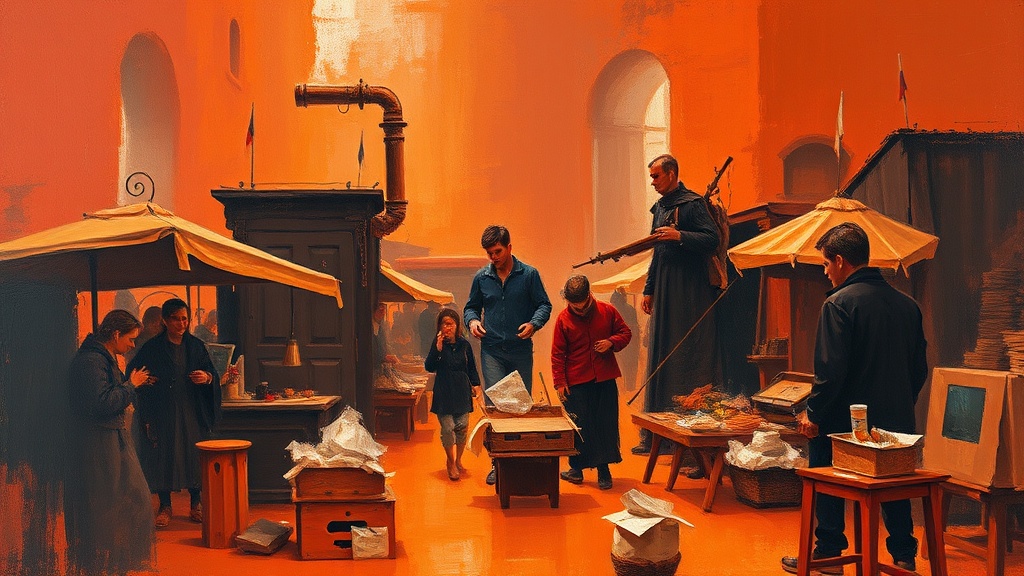 Merchants weigh gold coins and unload crates in a medieval marketplace while a grand tower is built in the background, representing capital flow into robotics.