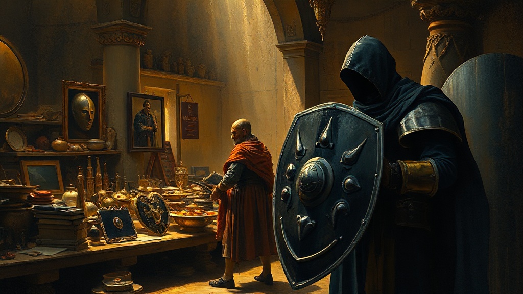 A merchant at a bazaar lifts a dark cloth to reveal serrated, black-coated shields for a hooded customer with a government-sealed coin purse, while labeled 'Defense' stalls sell polished mirrors.