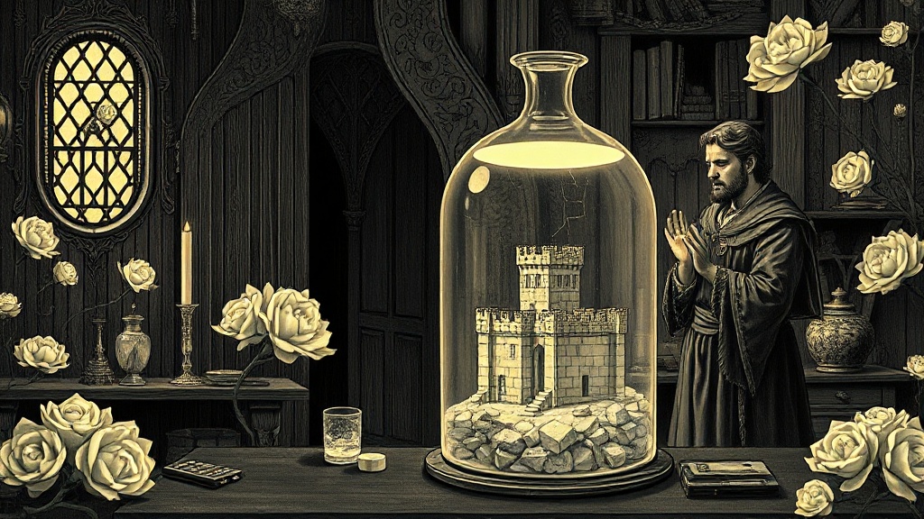 An alchemist recoils from a glowing flask containing a miniature stone fortress that builds and demolishes its own walls, a crack spreading across the glass.