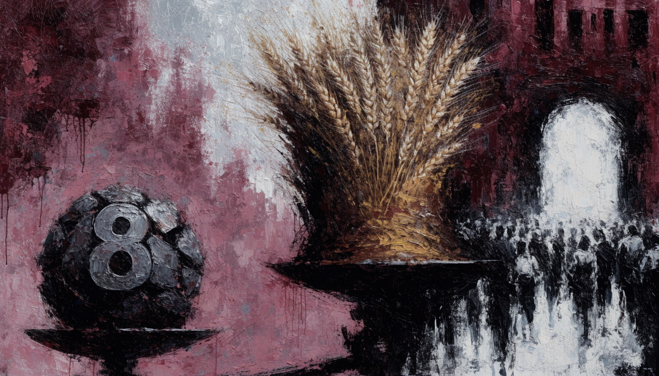 Painting of a stone balance scale at a crossroads weighing a small iron weight against a towering bundle of wheat, merchants watching from a city gate.