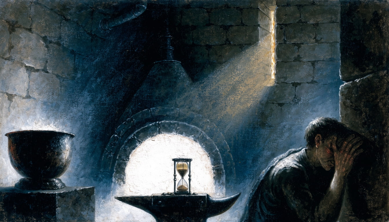 Painting of a blacksmith pressed against a sealed stone vault wall, shielding his face from a white-hot furnace with one narrow vent, hourglass nearly empty.