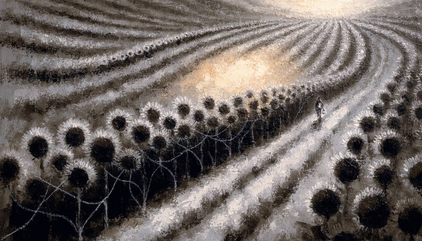 Painting of a terraced sunflower field under a sun that never sets, silver threads linking the flower heads, a gardener carrying an unneeded lantern.