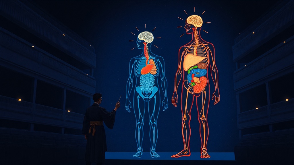 A Renaissance-era physician in dark robes touches a thin glass instrument to the glowing heart of a luminous, dissected human figure with interconnected organs.