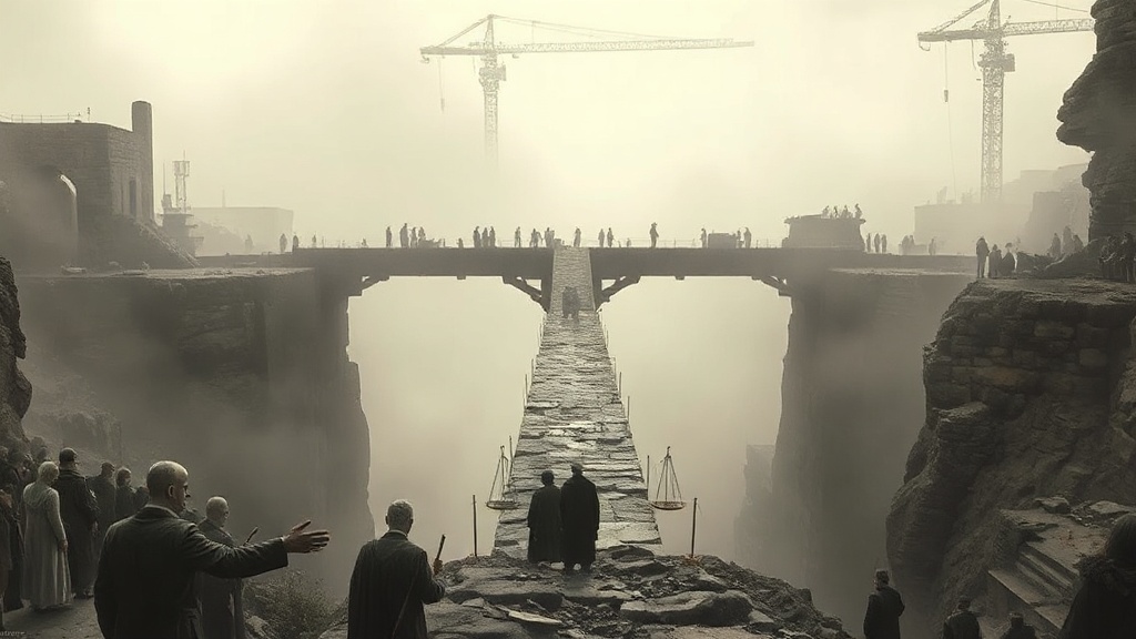 An unfinished stone bridge over a foggy chasm, with gatekeepers holding a ledger and scales on one side, and a lone figure in a physician's coat crossing a narrow plank.