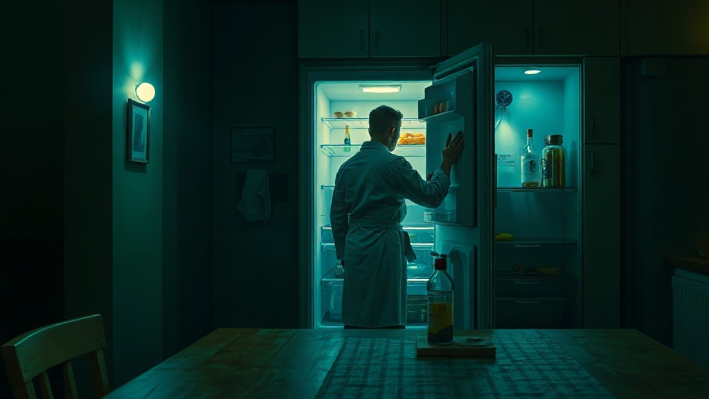 A dim kitchen at dawn, an open refrigerator casting cold light on a small glowing vial on a shelf, a figure in a bathrobe standing at the threshold, half in shadow.