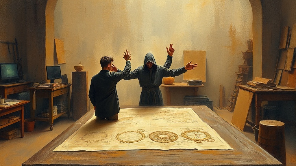 Three Renaissance artisans argue over a blueprint while a six-armed brass-and-parchment automaton points at correction marks behind them.