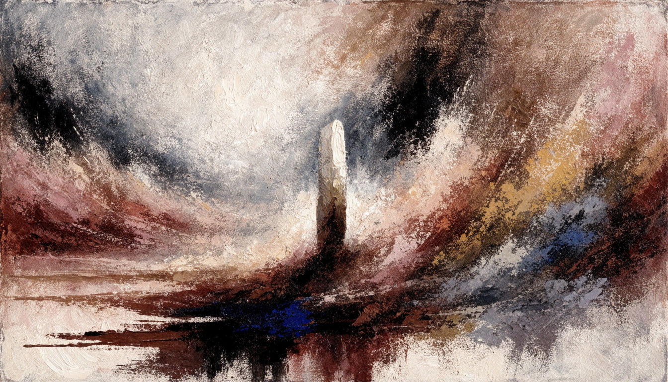 A perfectly balanced, illuminated monolith stands firm amidst a vast, chaotic landscape of swaying reeds under a turbulent sky, representing breakthrough stability.