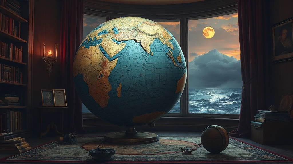 A cracked celestial globe with gold and silver fractures dividing its ocean, and a broken compass on the floor, symbolizing the end of a unified oil benchmark.