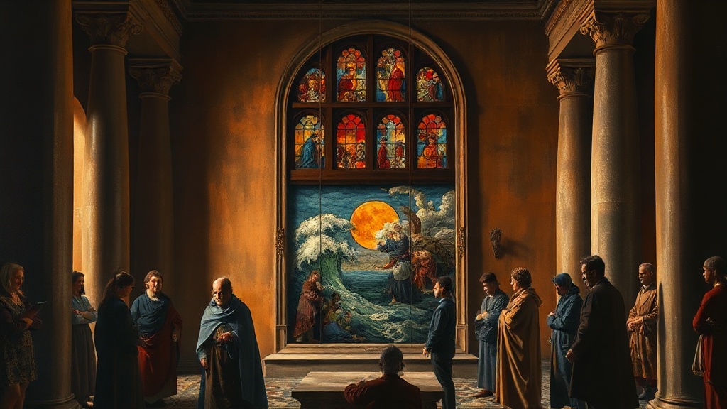 Classical chamber where scholars replace a rigid stone tablet inscribed with a single rule with a stained-glass window showing a storm calming and a sundial moving backward.