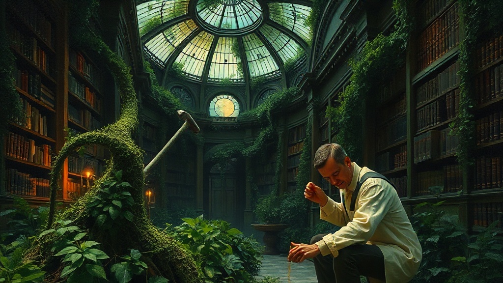 Allegorical library scene: gardeners in white chip at thorny vines with hammers while a second gardener pours golden liquid on the roots, dissolving vines and restoring cracked leather books.