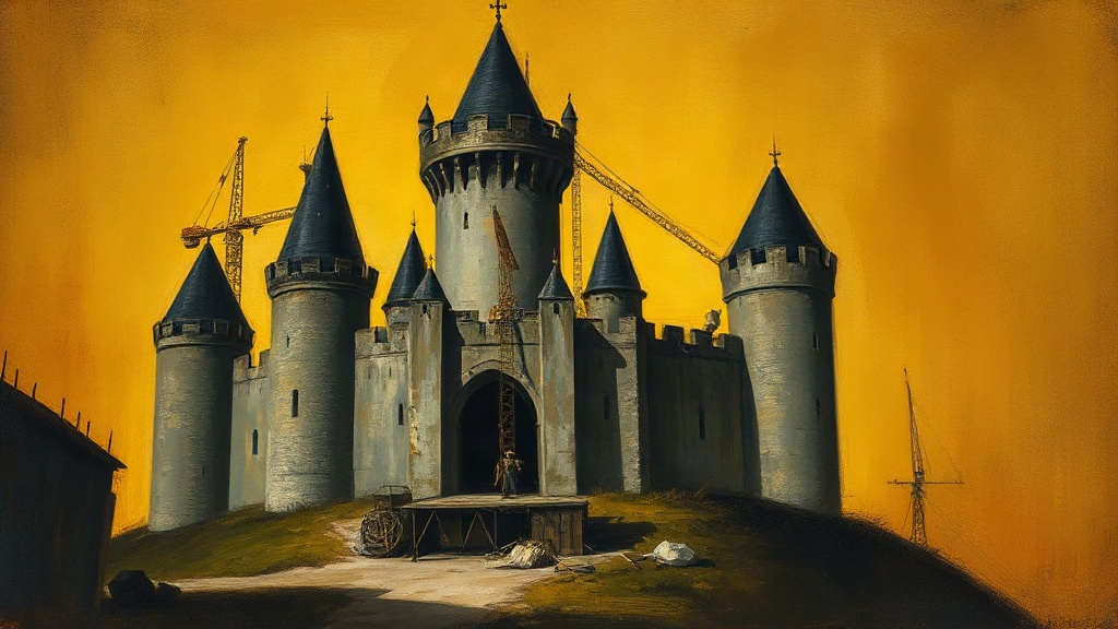 Medieval masons build a castle wall from interlocking keys shaped like human organs, as a master architect holds a master key.