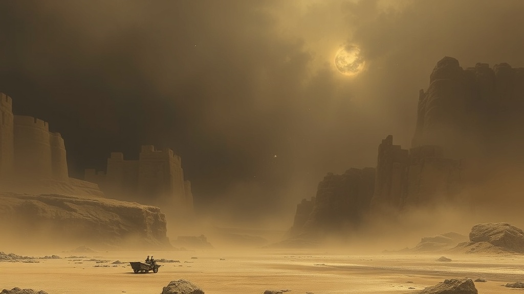 A cartographer on a hilltop unfurls a new map of a coastline, pointing to a marked location, as a fleet of ships waits in the harbor below.
