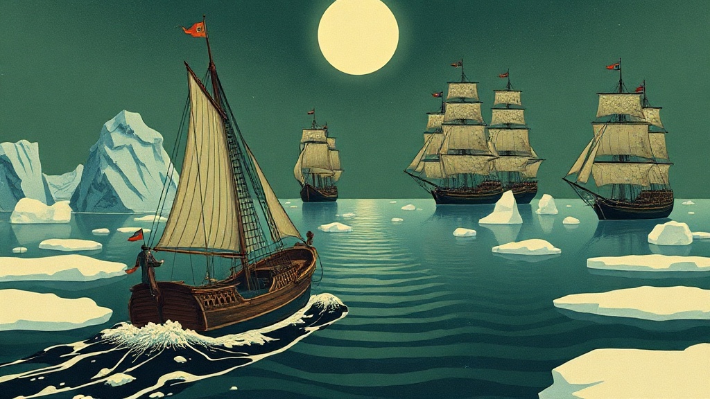 A lone navigator on a caravel uses a new sextant to chart open water, sailing away from an ice-locked fleet of ornate galleons in the distance.