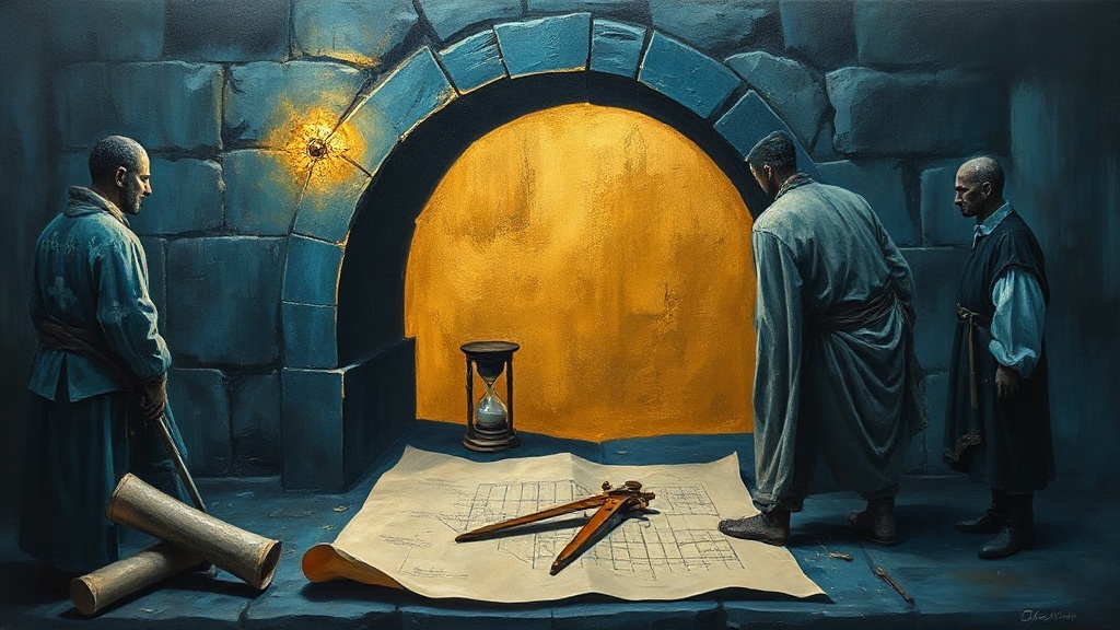 Three stonemasons in different guild attire jointly place a cornerstone for a massive arch bridge across a narrow strait, with a vellum blueprint at their feet held down by a compass and hourglass.