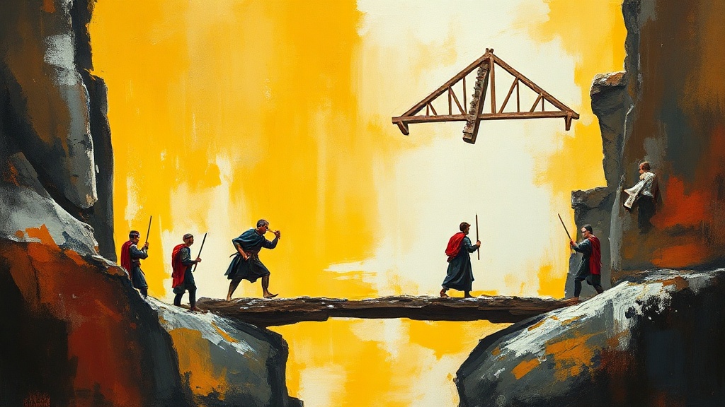Two teams of stonemasons compete to build a bridge: one hoists a massive monolith with ropes, the other assembles a lightweight geometric truss from interlocking timber.