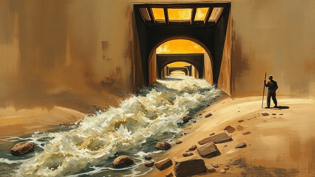A desert aqueduct forces a flood of silver and gold particles through narrowing stone pinch-points, while workers build a lighter wooden bypass with bucket-like slats.
