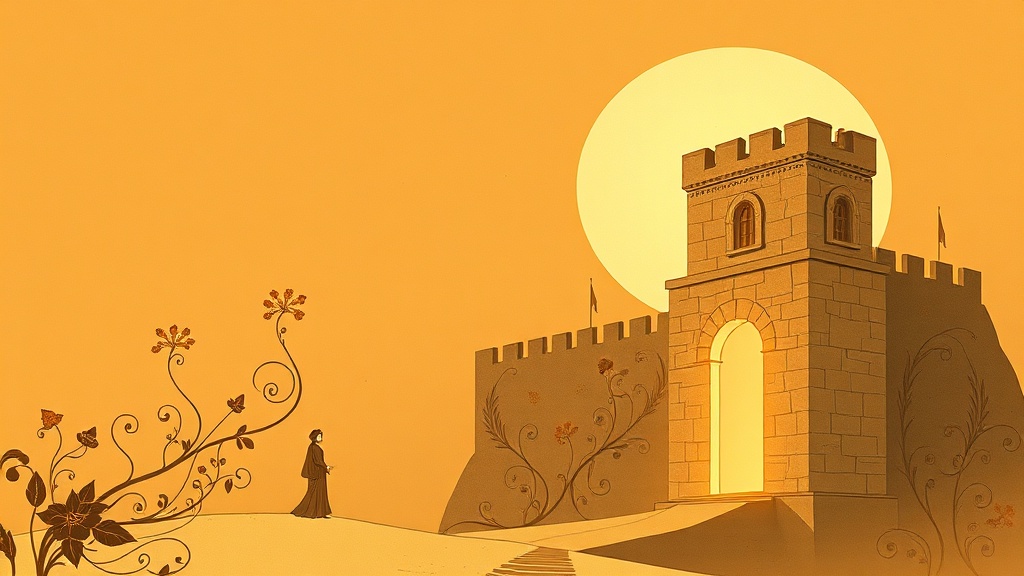 Two stone fortresses on opposite cliffs are linked by a broken bridge where a sagging rope supports an open ledger with blank pages and a broken quill.