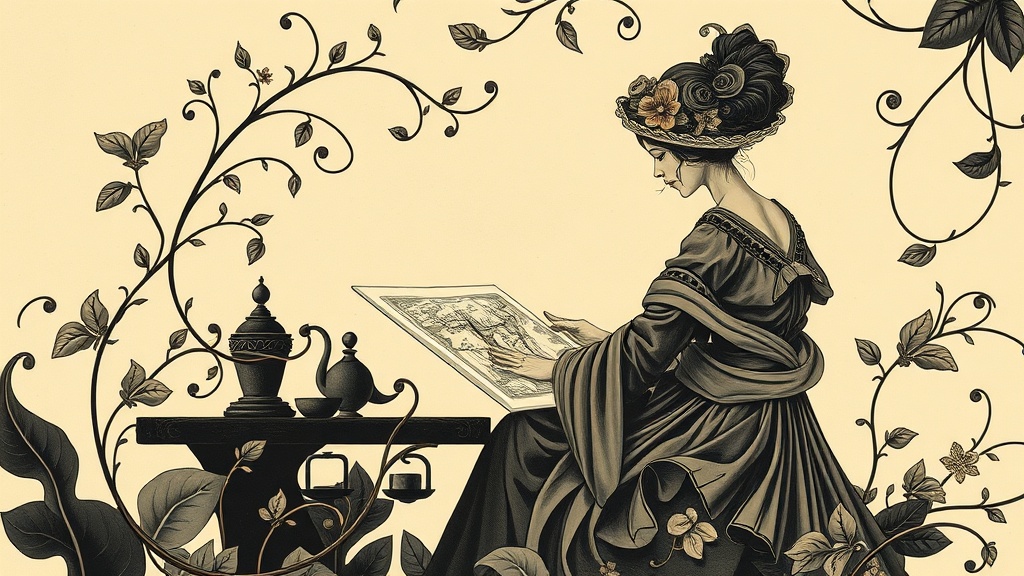 A cartographer in a dark study leans over a half-finished map of an uncharted coastline, where symbols draw themselves as storm clouds gather outside.