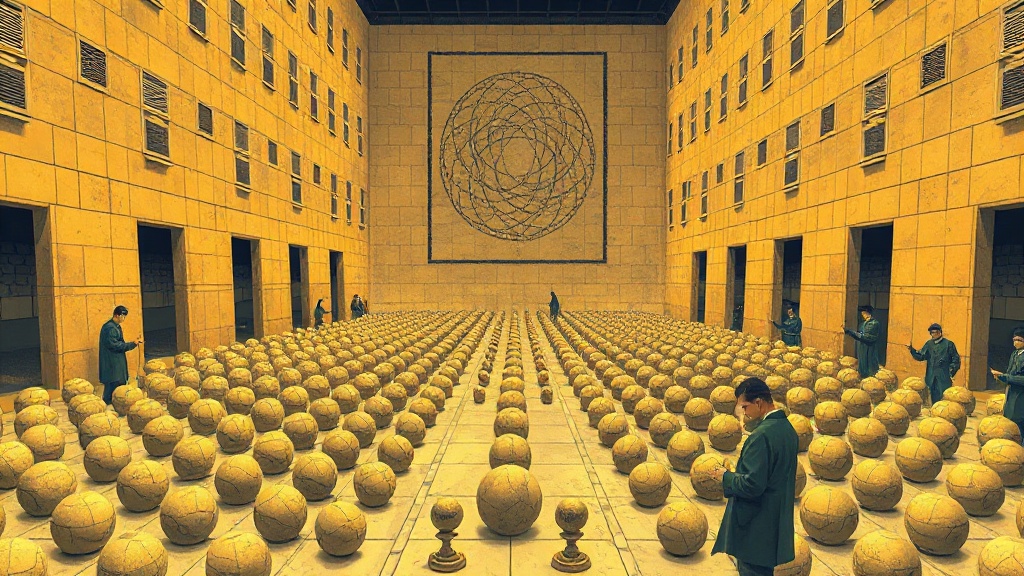 Inside a torch-lit stone hall, dozens of artisans chisel flawless stone spheres and slide them across a grid-marked floor into precise constellations, while a master builder consults a diagram of a braided ring pattern.