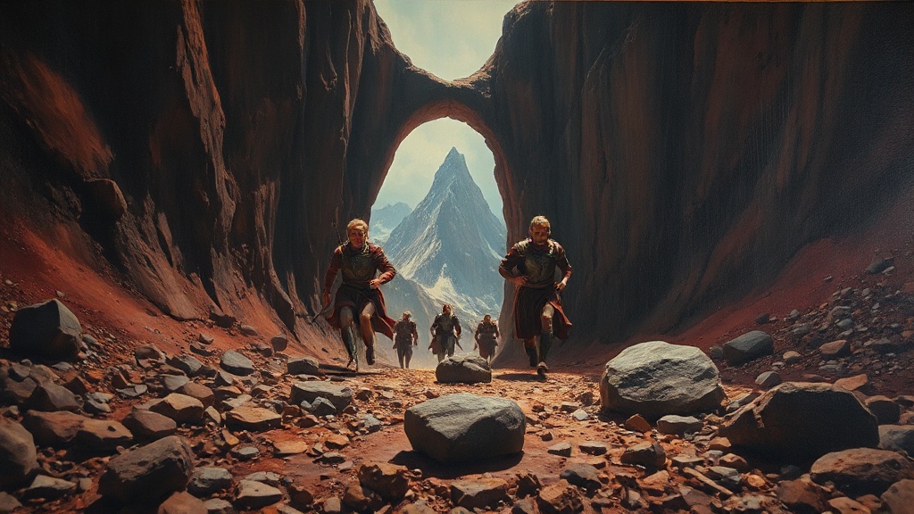 A runner in light sandals navigates loose scree with fluid strides, leaping between boulders in a mountain pass, while a pack of armored runners struggles on a fixed path ahead of a glowing archway finish line.