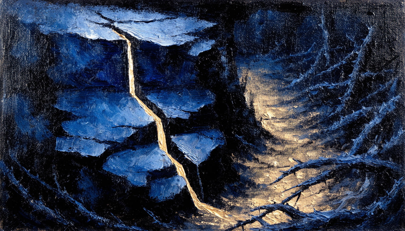 A massive fortress wall is breached by a precise, glowing fissure of energy, illustrating autonomous systems carving a path through resistance.