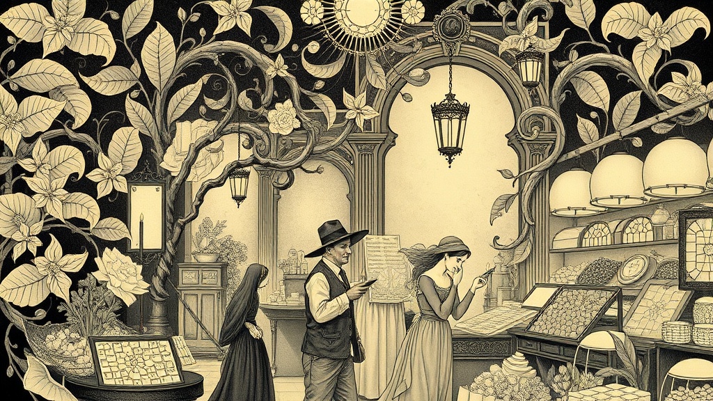 A merchant holds a scale with a gold coin on one side and a heavy iron gear on the other, as a crowd of laborers watches in a market square.