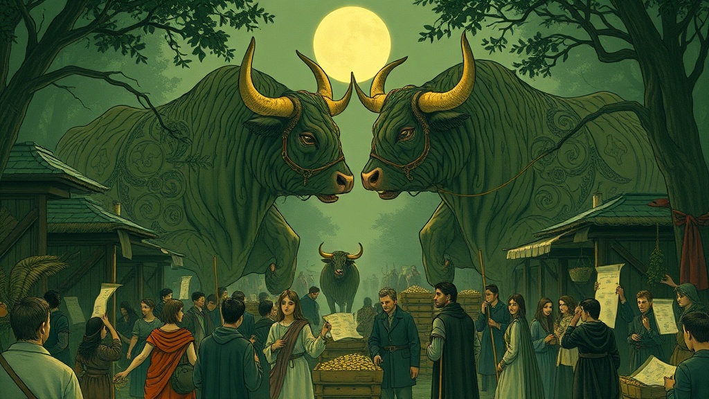 Two massive oxen branded with different sigils push against each other in a crowded medieval marketplace, crushing stalls while shrewd merchants sign long-term grain contracts.