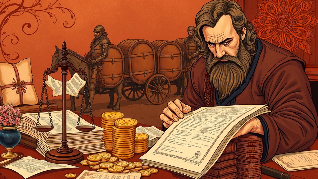 A Renaissance-era merchant banker grimly weighs gold coins against parchment contracts on a cluttered desk, while a heavily armored caravan is loaded in the background.