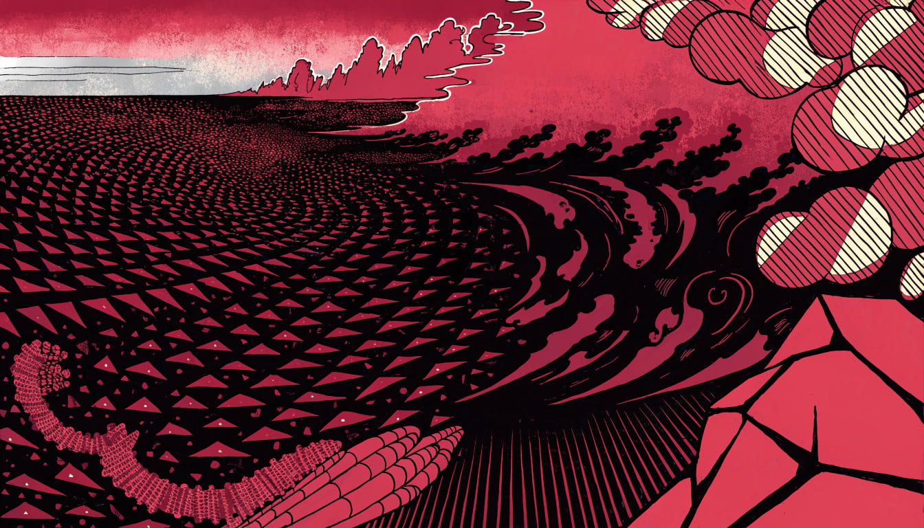 A turbulent digital ocean at twilight, where an invisible force reshapes the surface patterns into a new, rigid order.