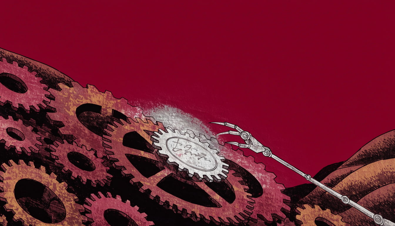 A delicate, silvery automaton arm precisely nudges a glowing, ephemeral gear within a complex clockwork mechanism, representing AI discovery.