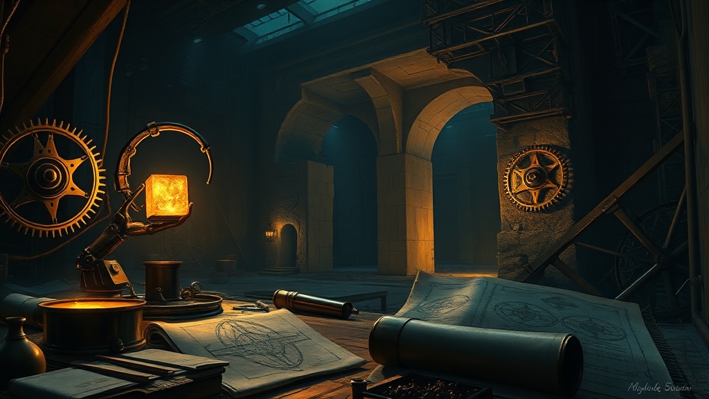 Luminous clockwork arms sort glowing crucibles in an alchemist's workshop; one arm holds a perfectly stable cube-crystal as the keystone of an ancient stone arch under construction.
