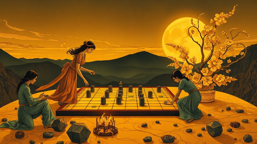 A twilight Go match on a volcanic plain: one side's solid obsidian stones form a dominating structure, while the other side's cracked, vibrating crystalline stones are scattered and the player frantically searches for a new material.