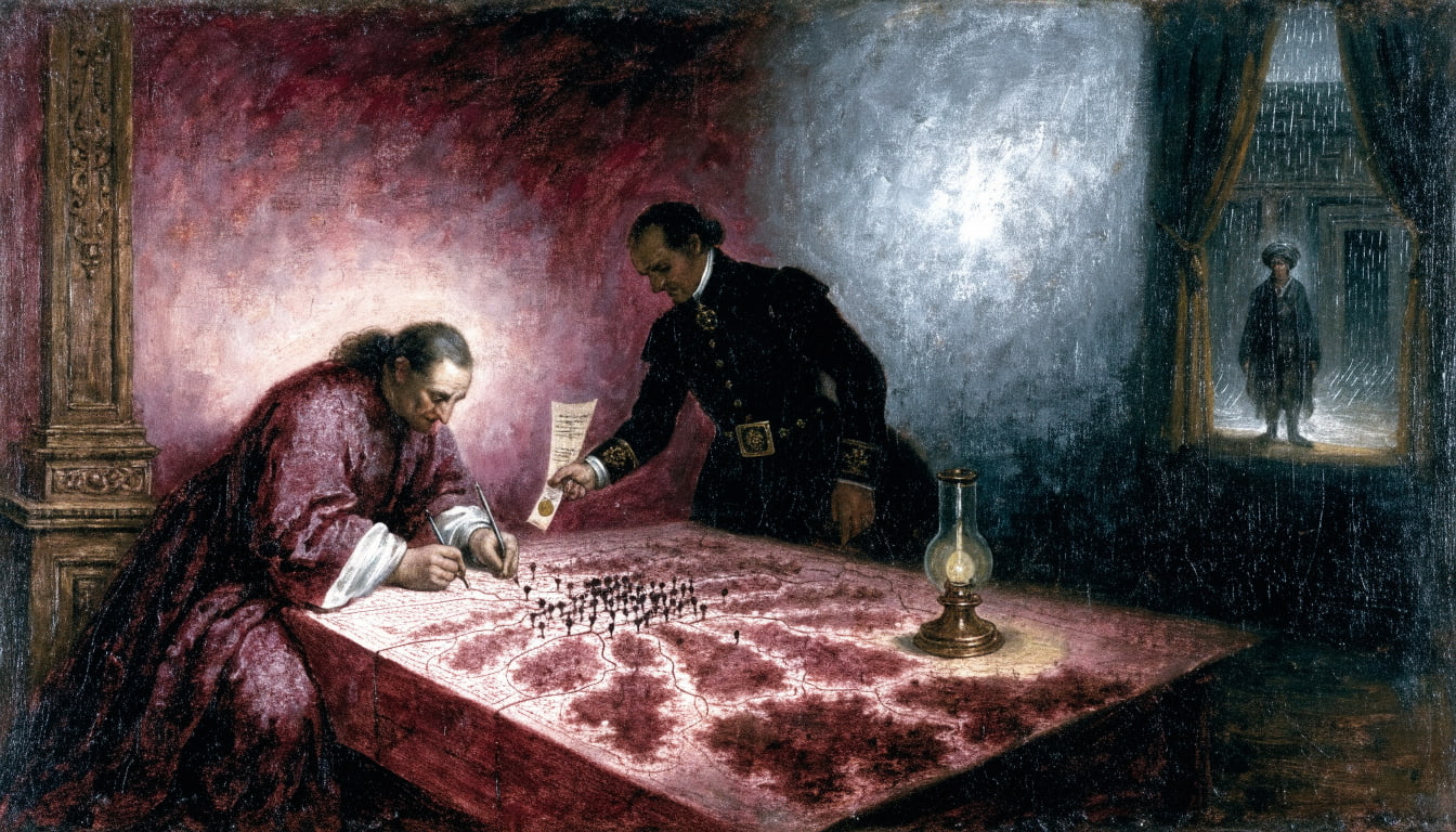 Cartographer unrolls a pinned archipelago mineral map as a monarch holds a sealed treaty; a rival envoy waits outside in rain.