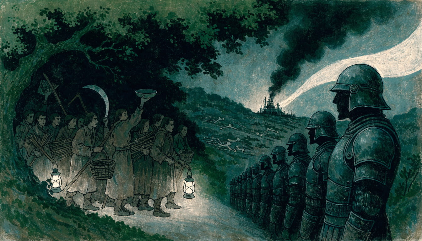Villagers with lanterns and tools face armored guards blocking a road to a smoldering refinery beneath black smoke at night.