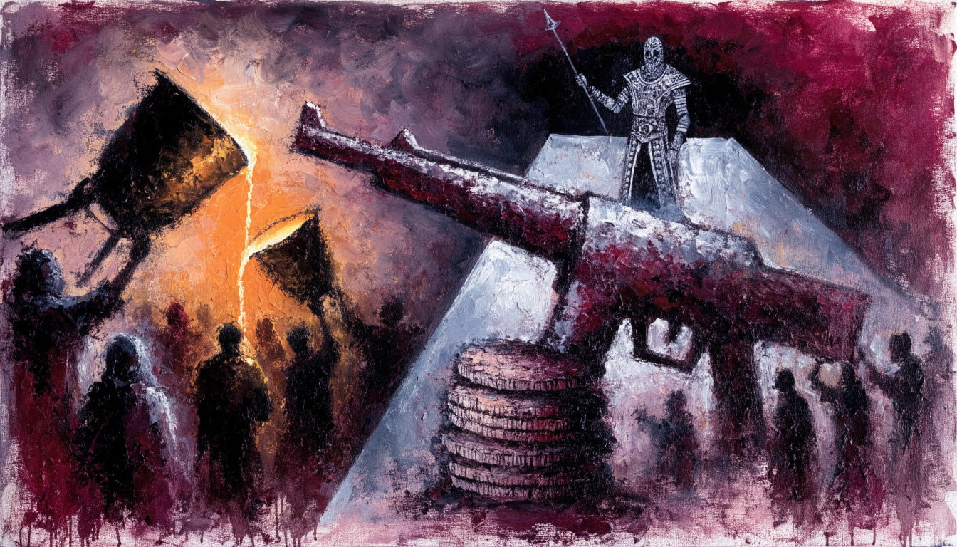 Masked overseer with staff directs robed laborers pouring molten metal into a giant rifle-shaped mold fused to a coin-stack base.