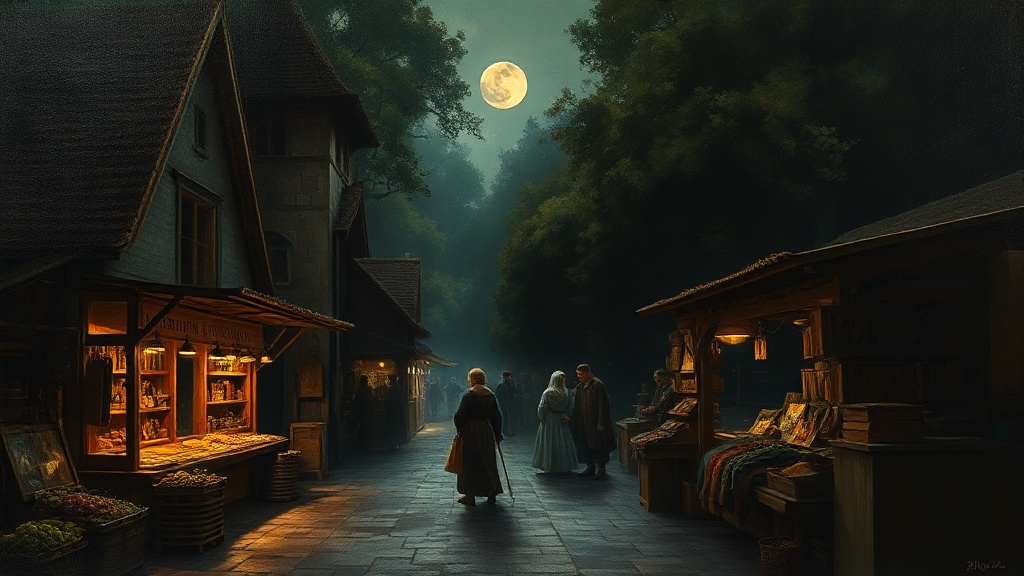 In a medieval market square, merchants abandon barrels of dark liquid to rush toward a goldsmith holding a balance scale with a gold coin and an empty cup, while hesitant buyers watch.
